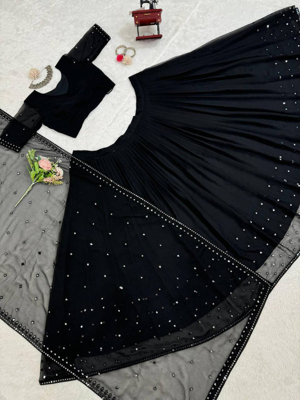 Black Glamorous Faux Georgette Lehenga Choli with Sequins & Lace Dupatta ClothsVilla