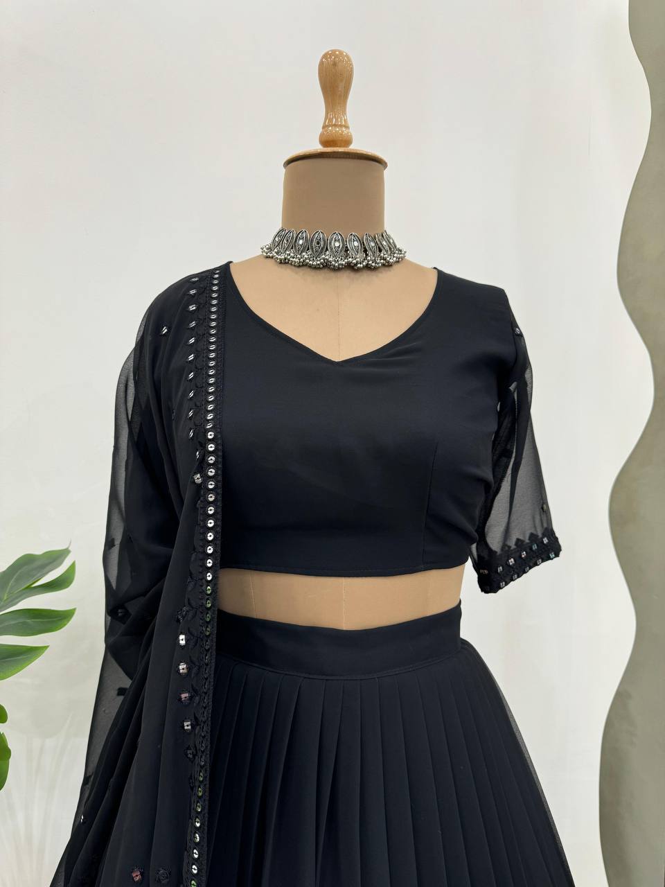Black Glamorous Faux Georgette Lehenga Choli with Sequins & Lace Dupatta ClothsVilla