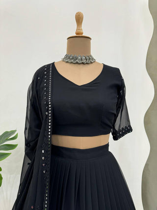 Black Glamorous Faux Georgette Lehenga Choli with Sequins & Lace Dupatta ClothsVilla