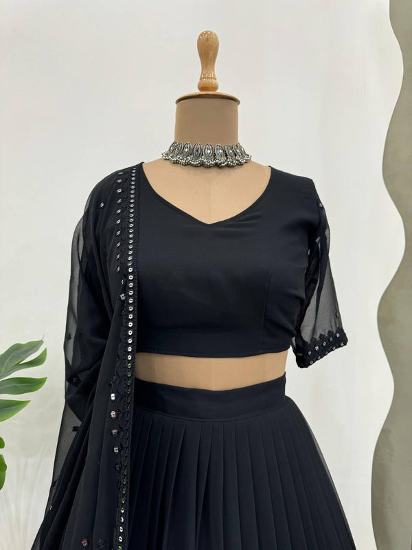 Black Glamorous Faux Georgette Lehenga Choli with Sequins & Lace Dupatta ClothsVilla