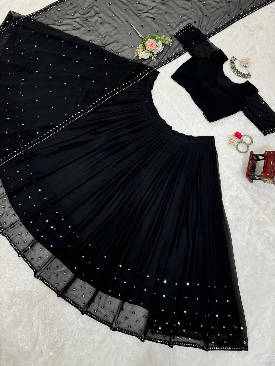 Black Glamorous Faux Georgette Lehenga Choli with Sequins & Lace Dupatta ClothsVilla