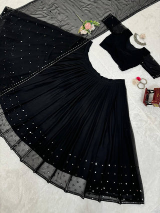 Black Glamorous Faux Georgette Lehenga Choli with Sequins & Lace Dupatta ClothsVilla