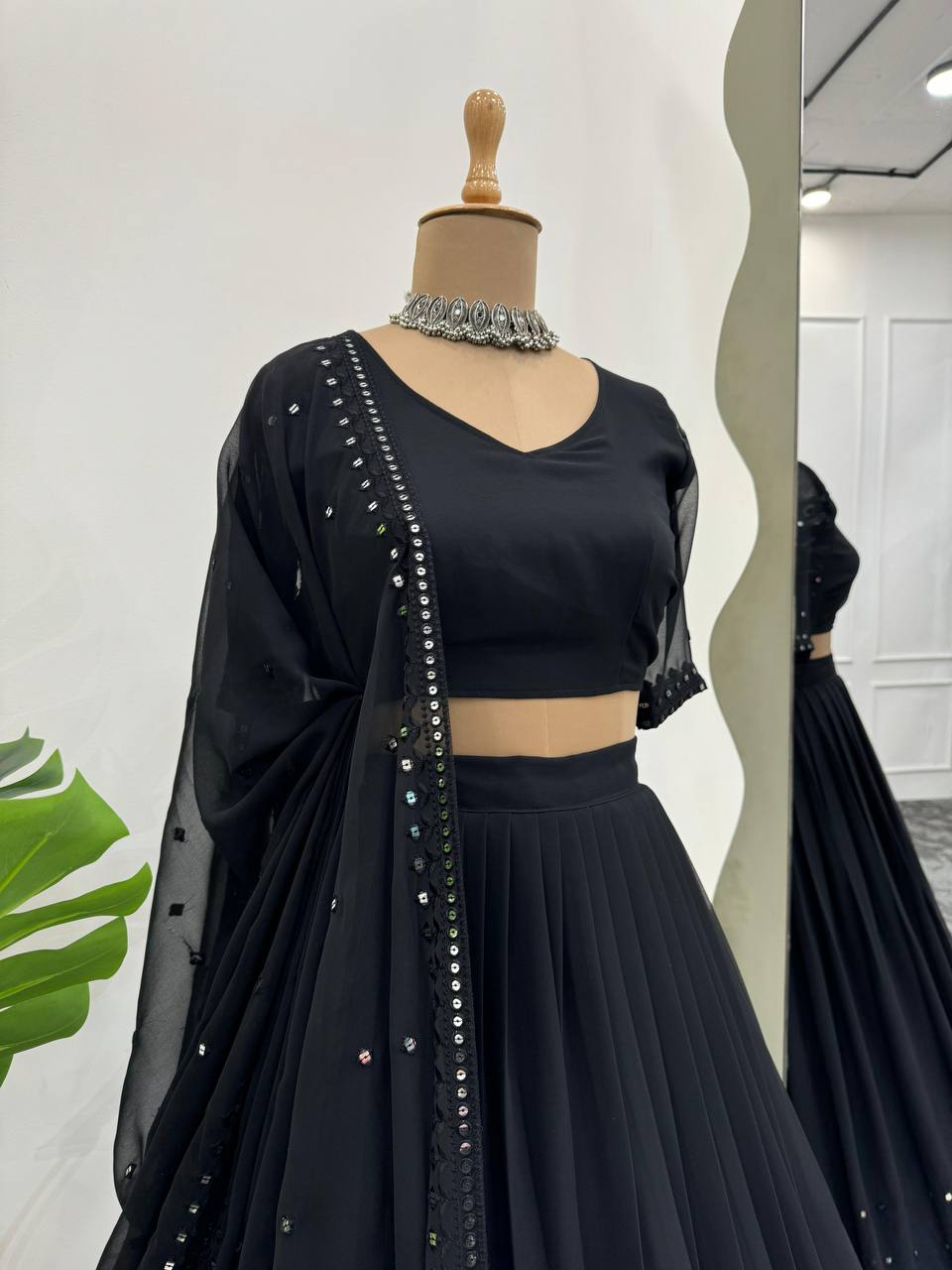 Black Glamorous Faux Georgette Lehenga Choli with Sequins & Lace Dupatta ClothsVilla