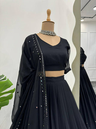 Black Glamorous Faux Georgette Lehenga Choli with Sequins & Lace Dupatta ClothsVilla