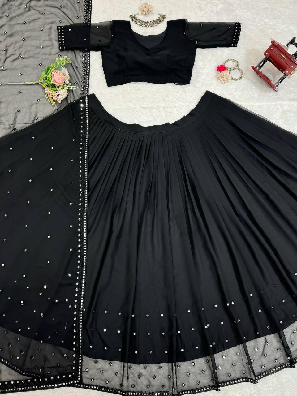 Black Glamorous Faux Georgette Lehenga Choli with Sequins & Lace Dupatta ClothsVilla
