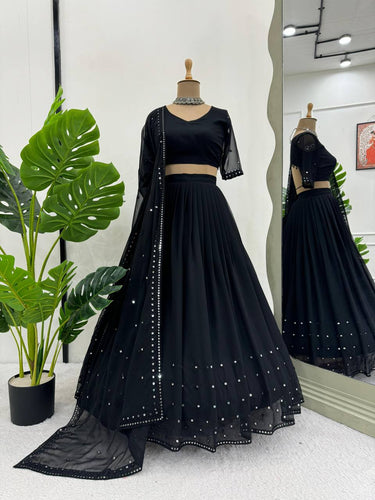 Black Glamorous Faux Georgette Lehenga Choli with Sequins & Lace Dupatta ClothsVilla
