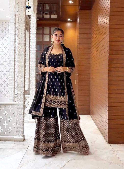 Black Glamorous Faux Georgette Plazo Set with Dupatta Clothsvilla