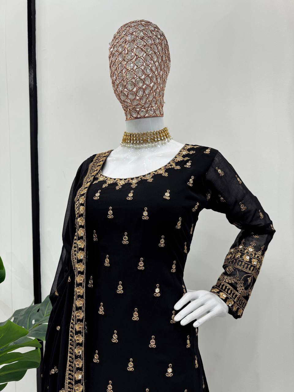 Black Glamorous Faux Georgette Plazo Set with Dupatta Clothsvilla