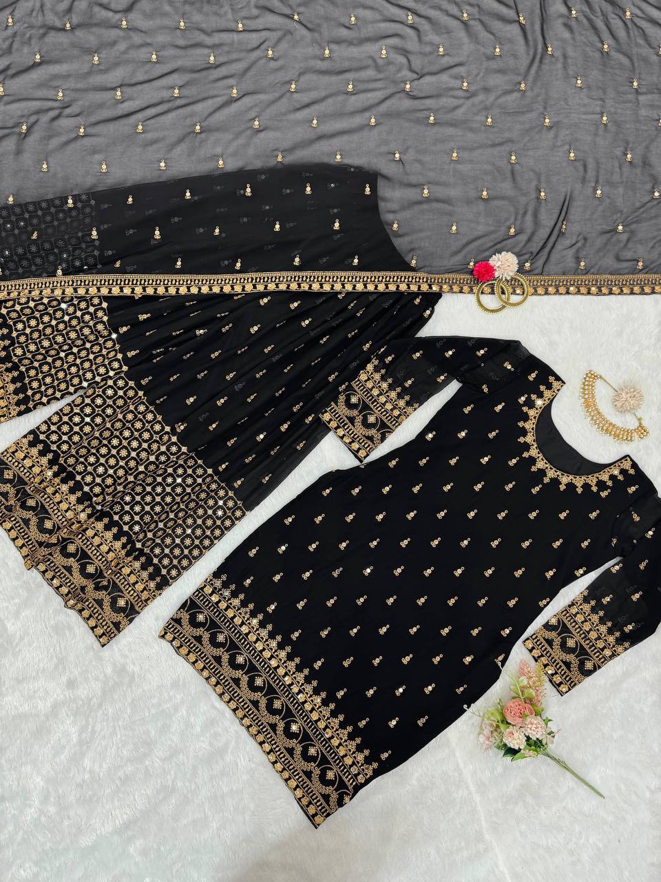 Black Glamorous Faux Georgette Plazo Set with Dupatta Clothsvilla