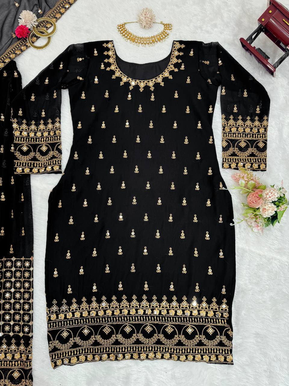Black Glamorous Faux Georgette Plazo Set with Dupatta Clothsvilla
