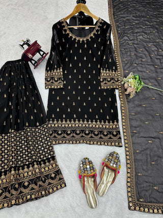 Black Glamorous Faux Georgette Plazo Set with Dupatta Clothsvilla
