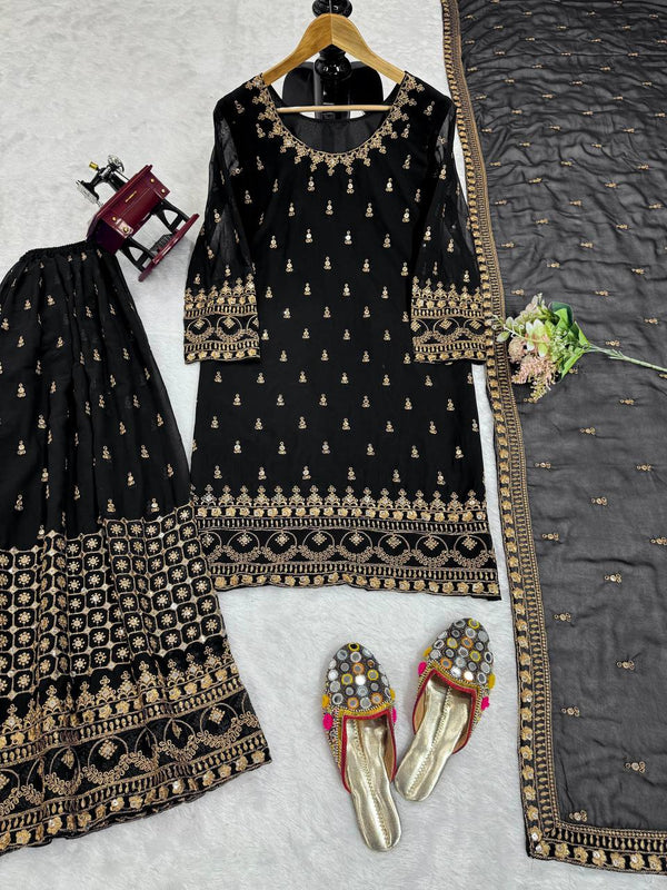 Black Glamorous Faux Georgette Plazo Set with Dupatta Clothsvilla