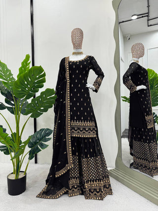 Black Glamorous Faux Georgette Plazo Set with Dupatta Clothsvilla
