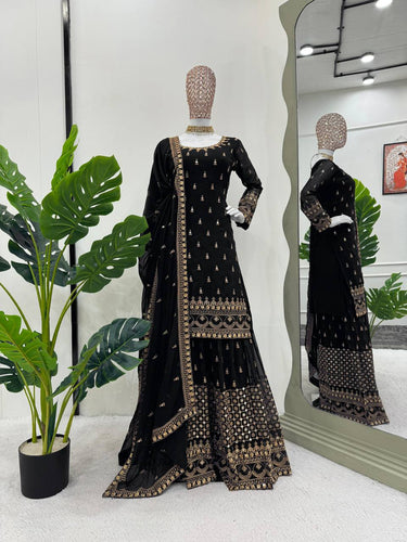 Black Glamorous Faux Georgette Plazo Set with Dupatta Clothsvilla