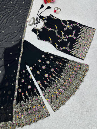 Black Glamorous Faux Georgette Sharara Set with Real Mirror Work & Lace Detailing ClothsVilla