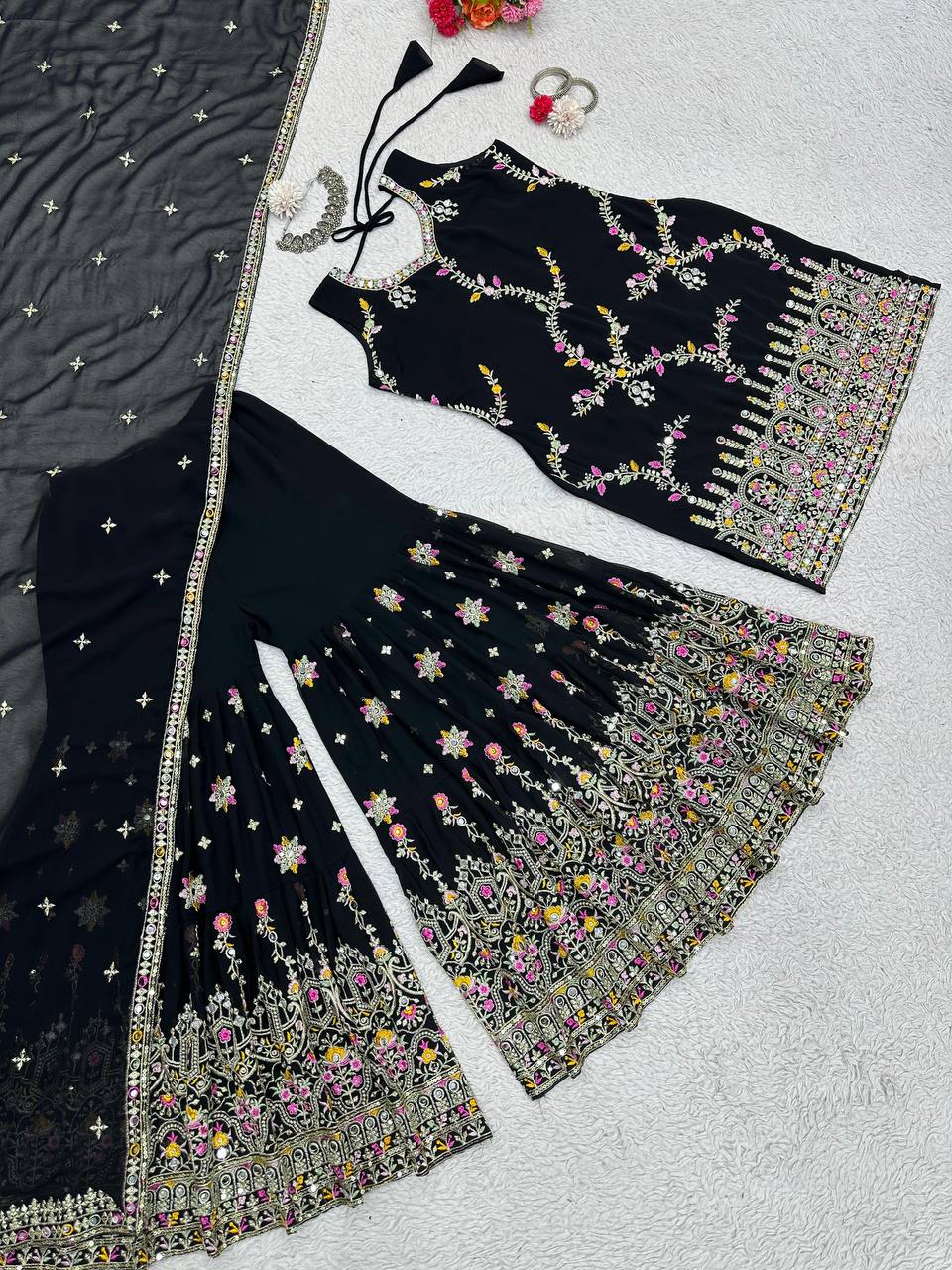 Black Glamorous Faux Georgette Sharara Set with Real Mirror Work & Lace Detailing ClothsVilla