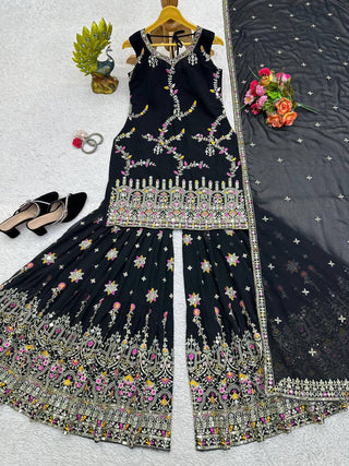 Black Glamorous Faux Georgette Sharara Set with Real Mirror Work & Lace Detailing ClothsVilla