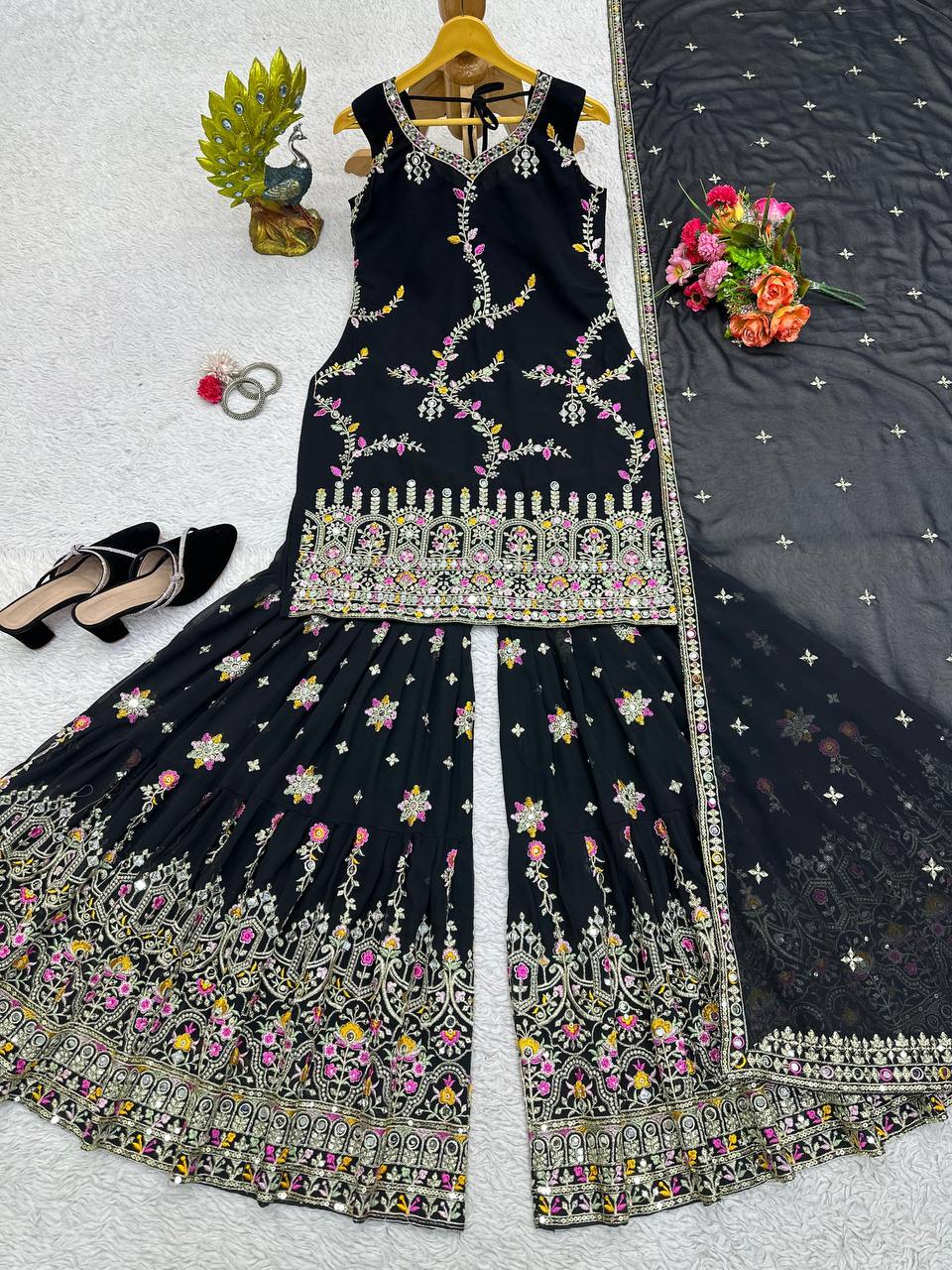 Black Glamorous Faux Georgette Sharara Set with Real Mirror Work & Lace Detailing ClothsVilla