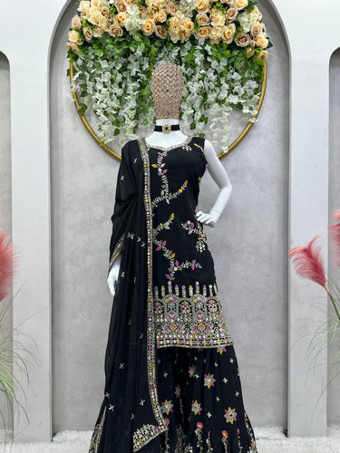 Black Glamorous Faux Georgette Sharara Set with Real Mirror Work & Lace Detailing ClothsVilla