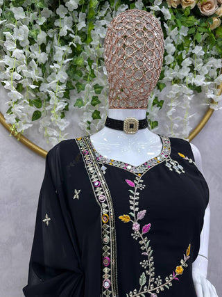 Black Glamorous Faux Georgette Sharara Set with Real Mirror Work & Lace Detailing ClothsVilla