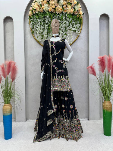 Black Glamorous Faux Georgette Sharara Set with Real Mirror Work & Lace Detailing ClothsVilla