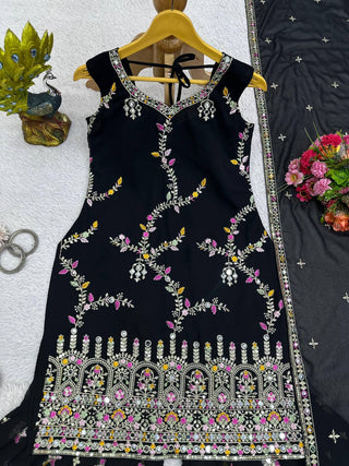 Black Glamorous Faux Georgette Sharara Set with Real Mirror Work & Lace Detailing ClothsVilla