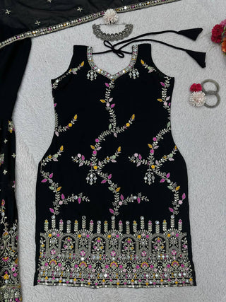 Black Glamorous Faux Georgette Sharara Set with Real Mirror Work & Lace Detailing ClothsVilla