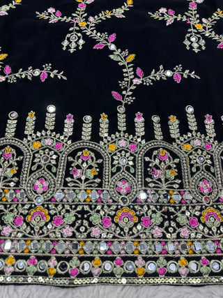 Black Glamorous Faux Georgette Sharara Set with Real Mirror Work & Lace Detailing ClothsVilla