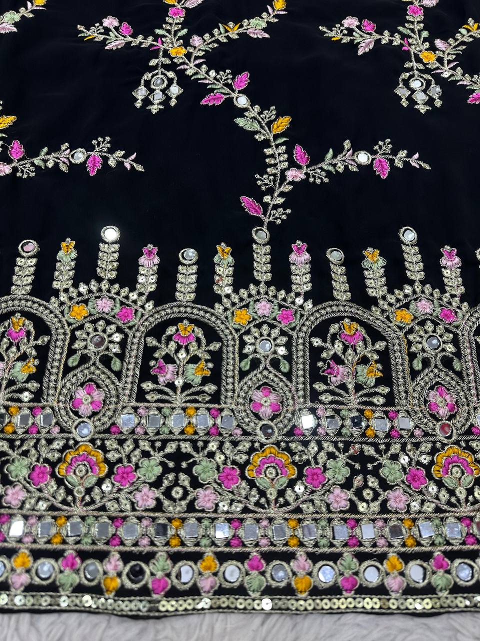 Black Glamorous Faux Georgette Sharara Set with Real Mirror Work & Lace Detailing ClothsVilla