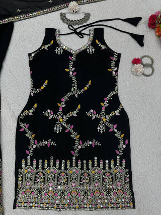 Black Glamorous Faux Georgette Sharara Set with Real Mirror Work & Lace Detailing ClothsVilla