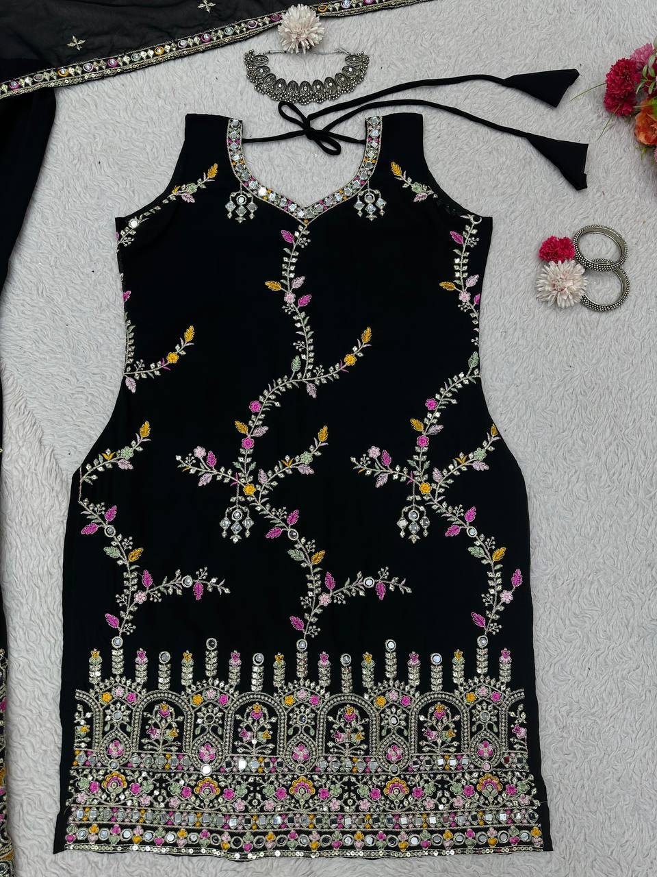Black Glamorous Faux Georgette Sharara Set with Real Mirror Work & Lace Detailing ClothsVilla
