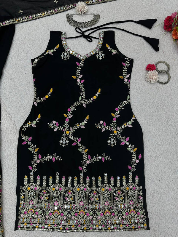 Black Glamorous Faux Georgette Sharara Set with Real Mirror Work & Lace Detailing ClothsVilla