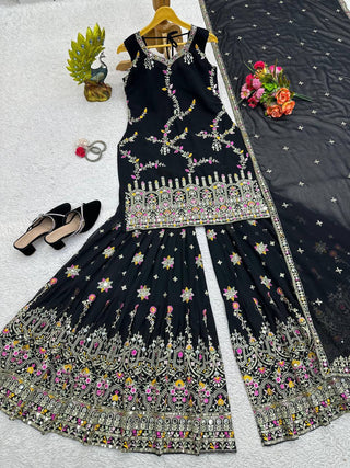 Black Glamorous Faux Georgette Sharara Set with Real Mirror Work & Lace Detailing ClothsVilla