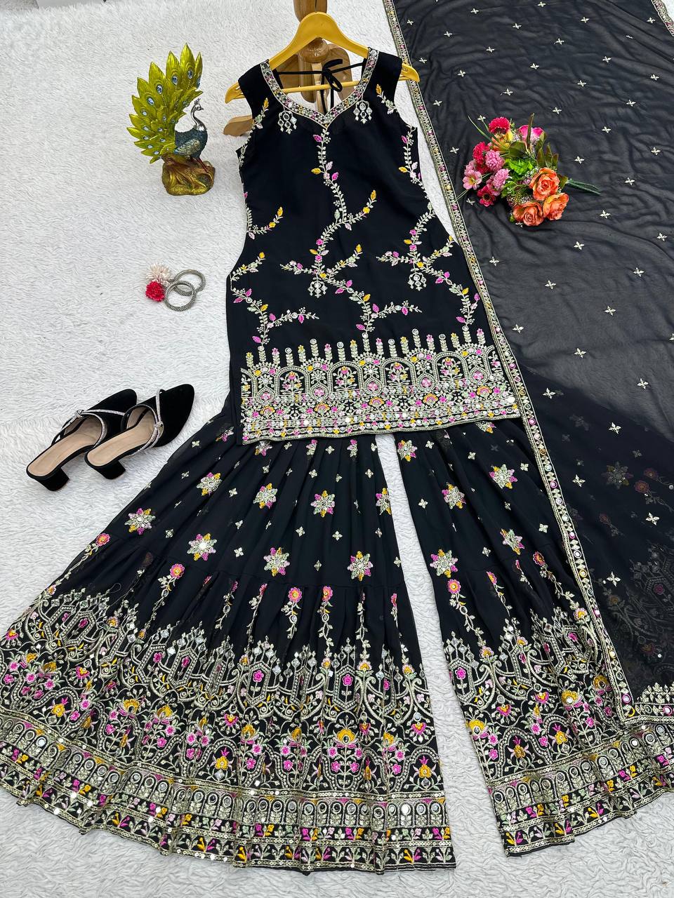 Black Glamorous Faux Georgette Sharara Set with Real Mirror Work & Lace Detailing ClothsVilla