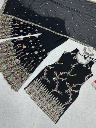 Black Glamorous Faux Georgette Sharara Set with Real Mirror Work & Lace Detailing ClothsVilla