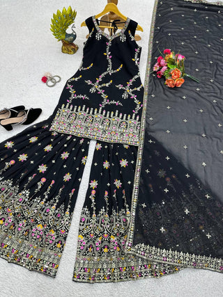 Black Glamorous Faux Georgette Sharara Set with Real Mirror Work & Lace Detailing ClothsVilla