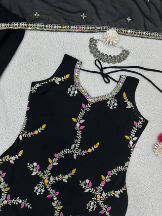 Black Glamorous Faux Georgette Sharara Set with Real Mirror Work & Lace Detailing ClothsVilla