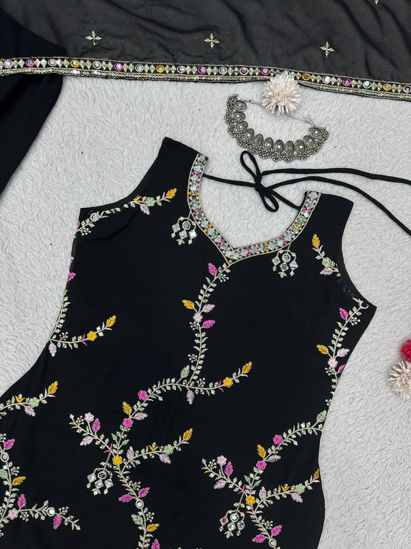 Black Glamorous Faux Georgette Sharara Set with Real Mirror Work & Lace Detailing ClothsVilla
