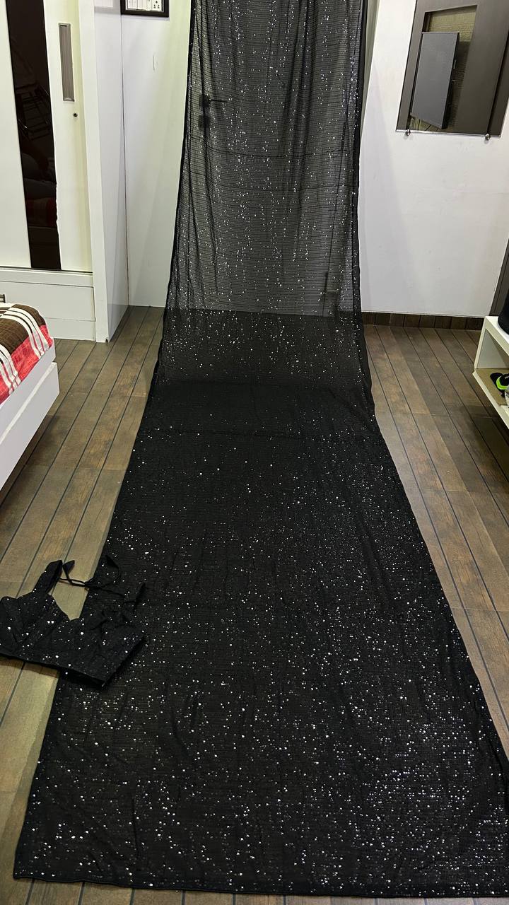Black Glamorous Georgette Sequin Saree with Banglori Silk Blouse Clothsvilla