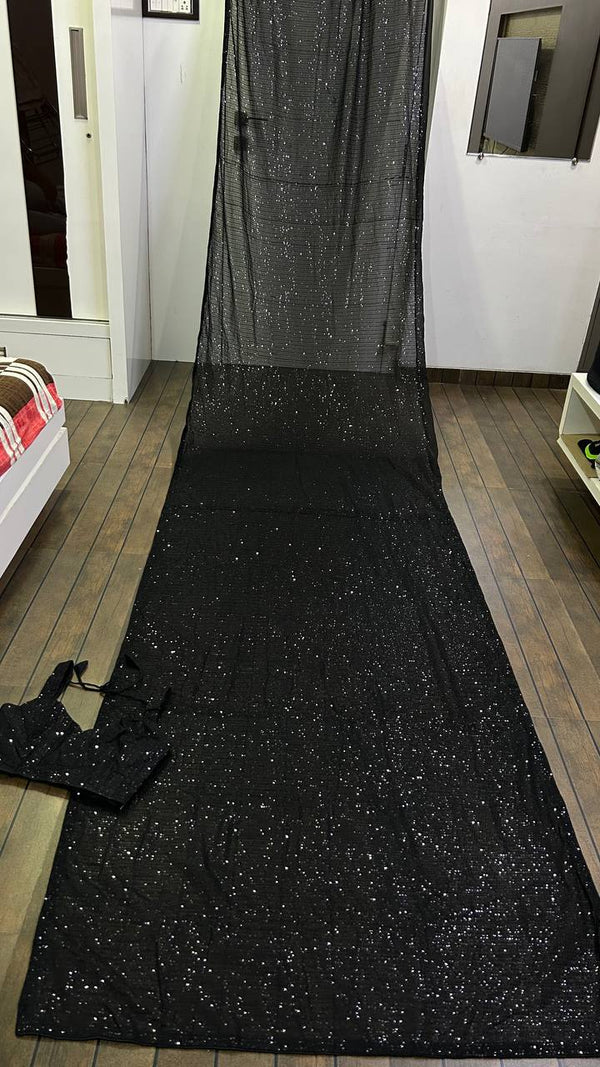 Black Glamorous Georgette Sequin Saree with Banglori Silk Blouse Clothsvilla