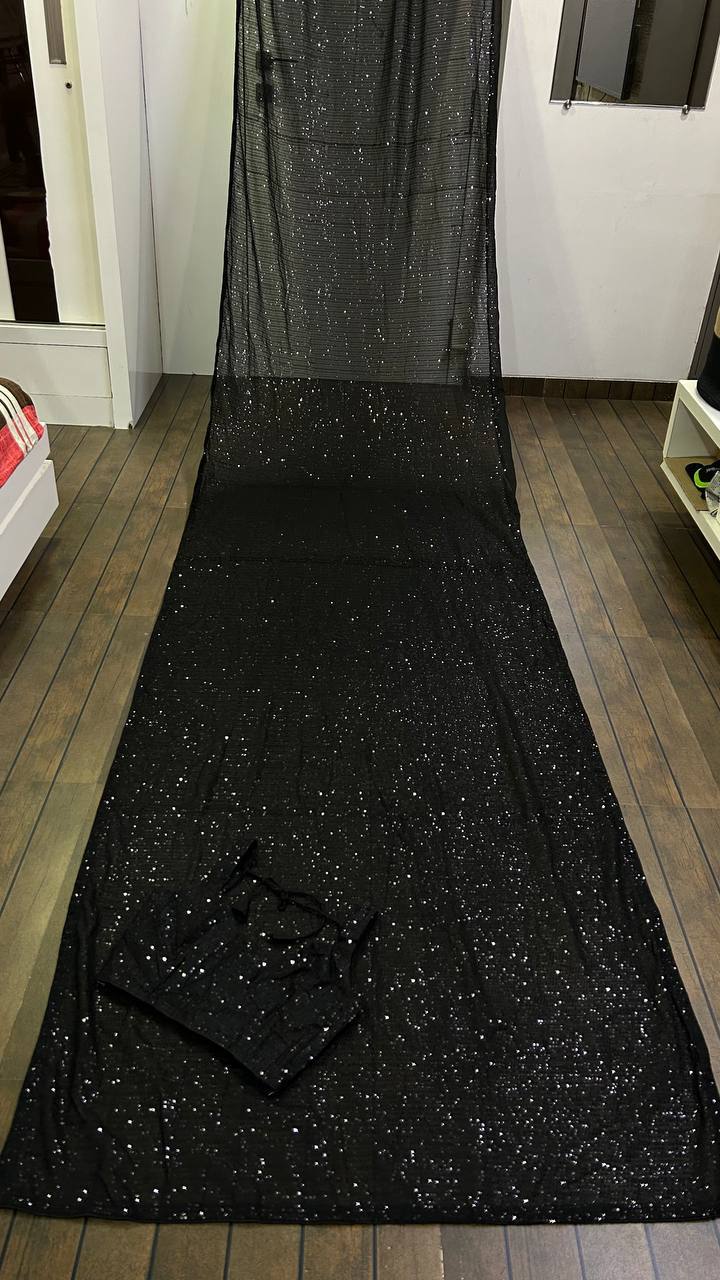 Black Glamorous Georgette Sequin Saree with Banglori Silk Blouse Clothsvilla