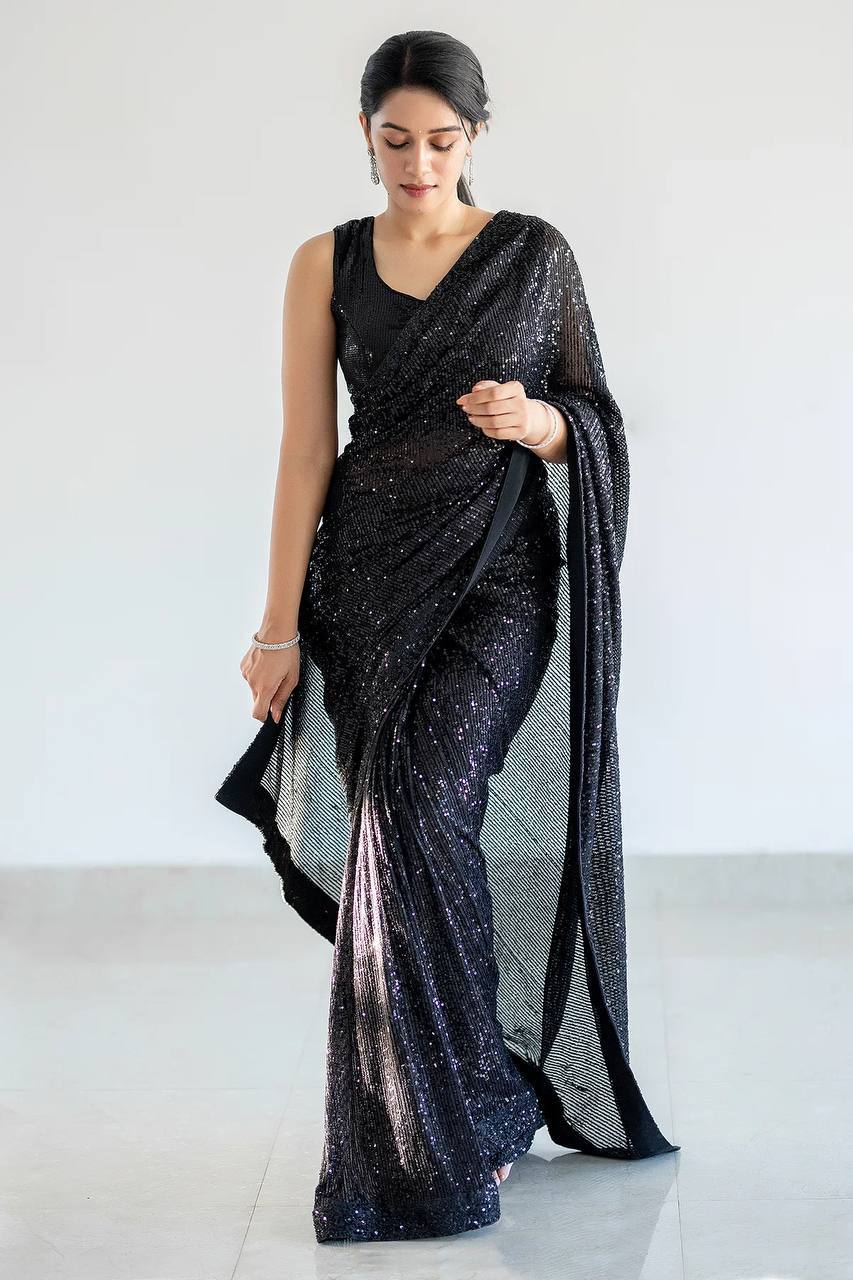 Black Glamorous Georgette Sequin Saree with Banglori Silk Blouse Clothsvilla