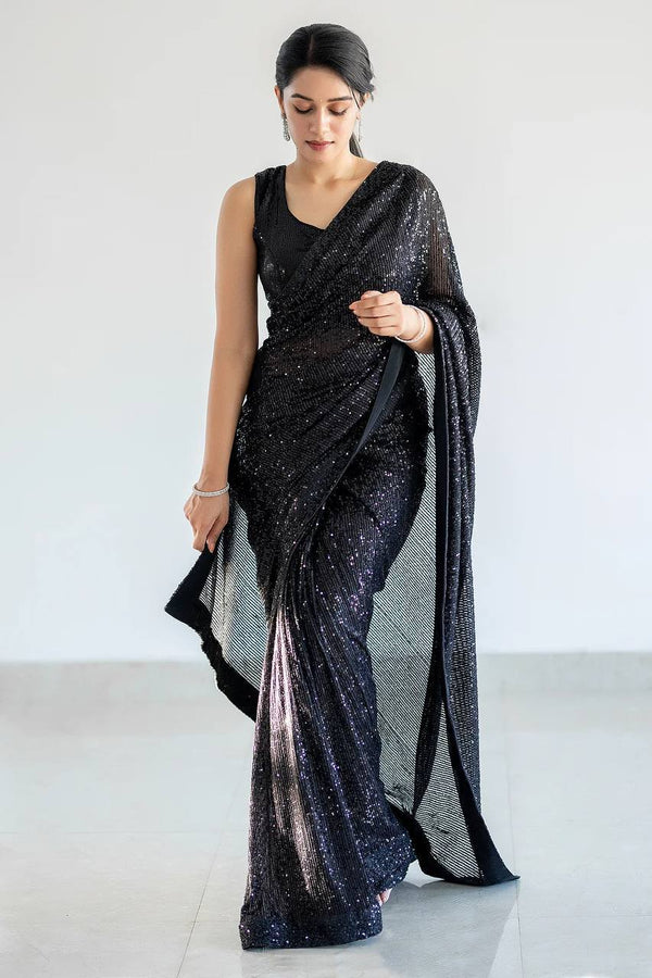 Black Glamorous Georgette Sequin Saree with Banglori Silk Blouse Clothsvilla