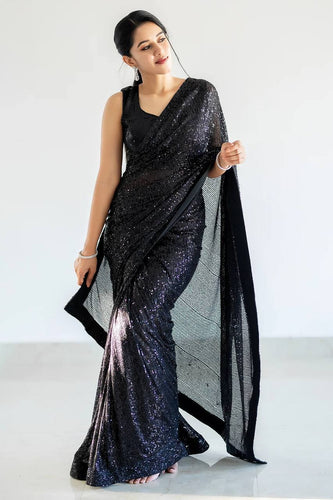 Black Glamorous Georgette Sequin Saree with Banglori Silk Blouse Clothsvilla