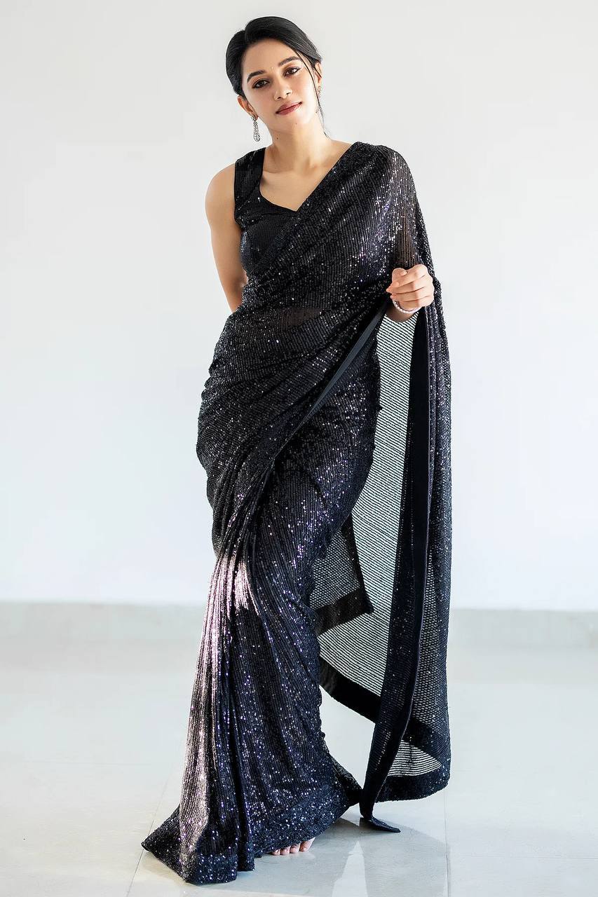 Black Glamorous Georgette Sequin Saree with Banglori Silk Blouse Clothsvilla Main image