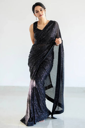 Black Glamorous Georgette Sequin Saree with Banglori Silk Blouse Clothsvilla