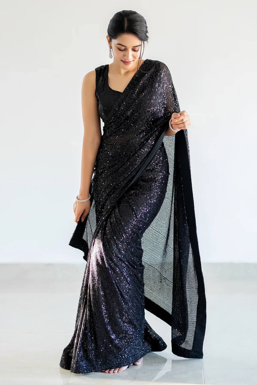 Black Glamorous Georgette Sequin Saree with Banglori Silk Blouse Clothsvilla