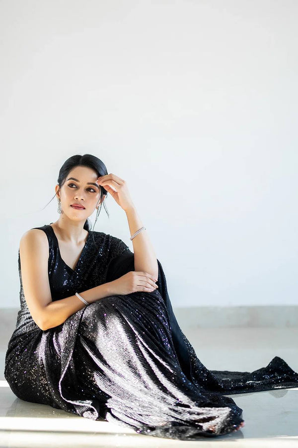 Black Glamorous Georgette Sequin Saree with Banglori Silk Blouse Clothsvilla