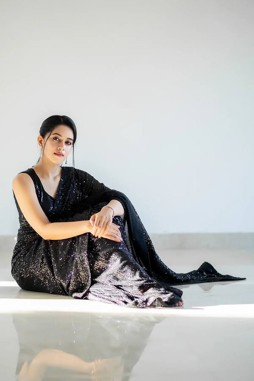 Black Glamorous Georgette Sequin Saree with Banglori Silk Blouse Clothsvilla