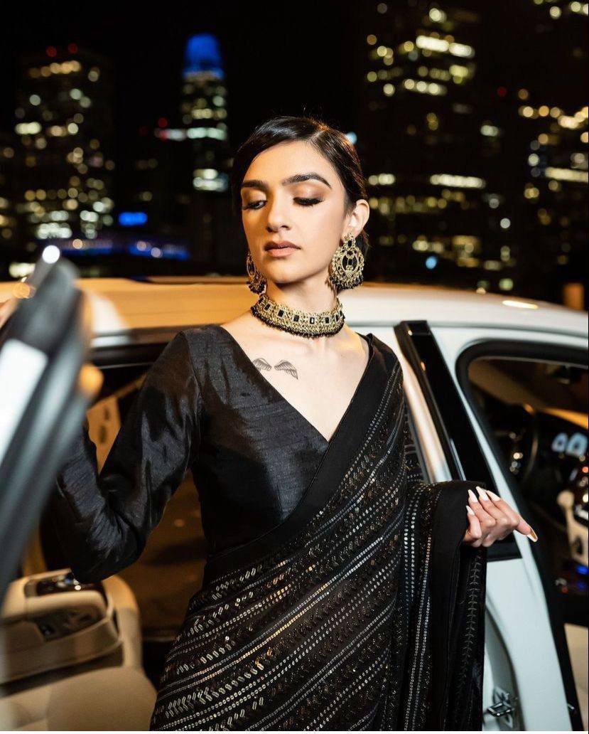 Black Glamorous Georgette Sequin Saree ClothsVilla Main image